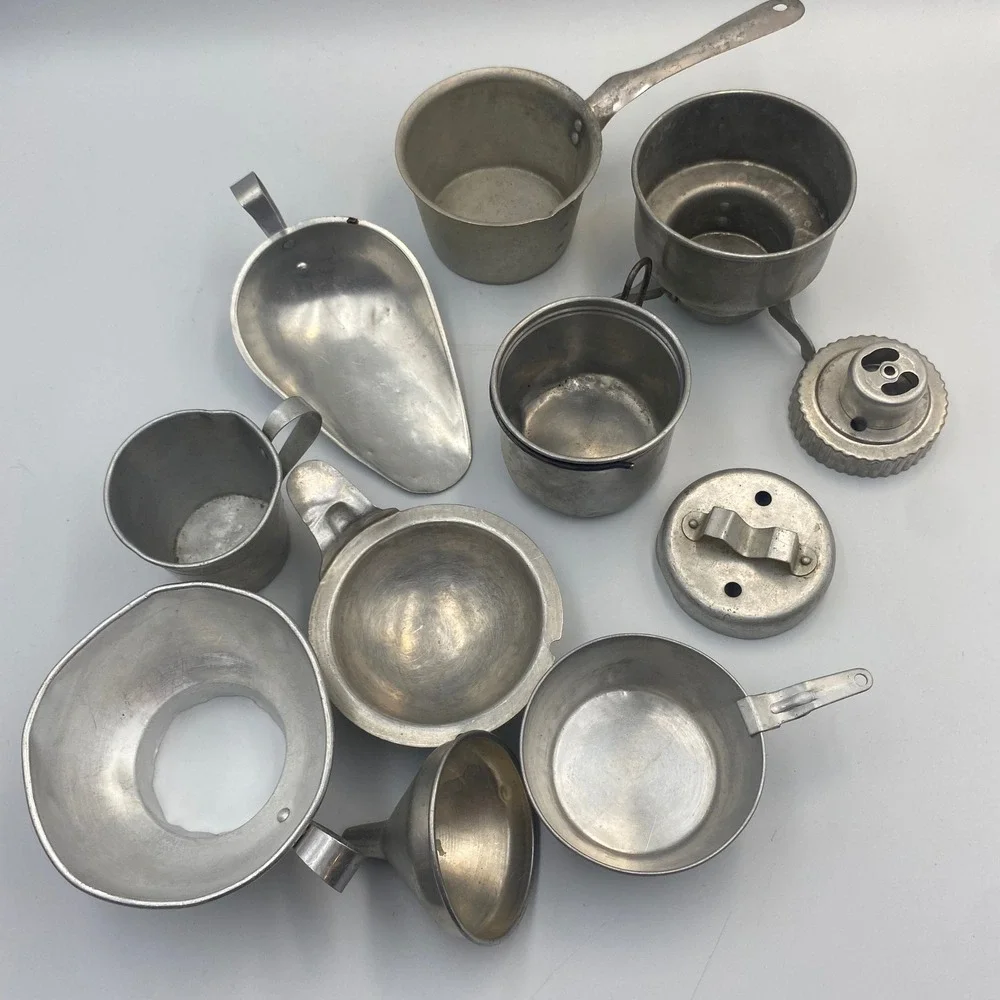 Vintage Aluminum Kitchenware Lot 10pc Measuring Cups Scoop Funnel Saucepan Retro